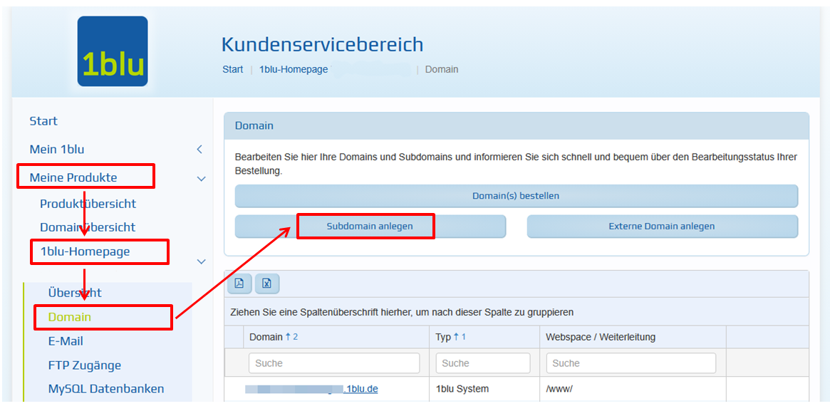 Einrichtung Subdomain. Bereich Domain