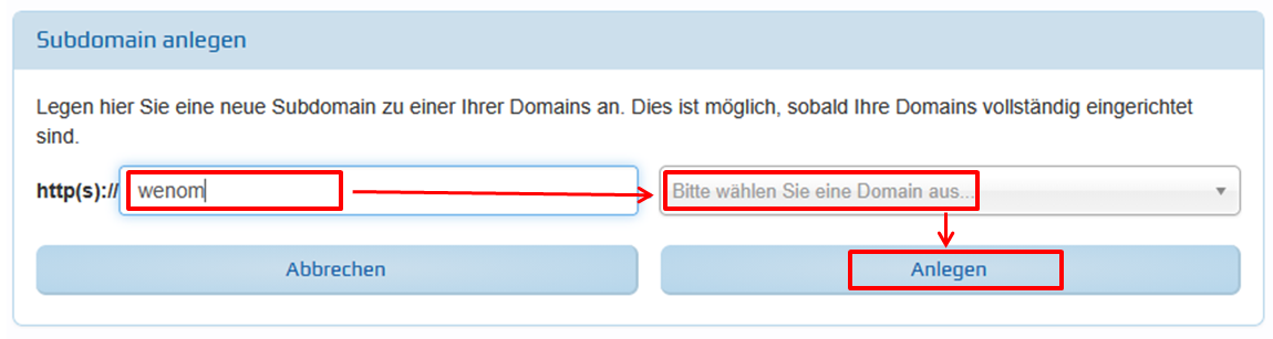 Einrichtung Subdomain. Bereich Domain