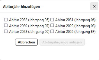 Fügen Sie einen neuen Abiturjahrgang basierend auf den Jahrgängen in ihrer Schule hinzu.