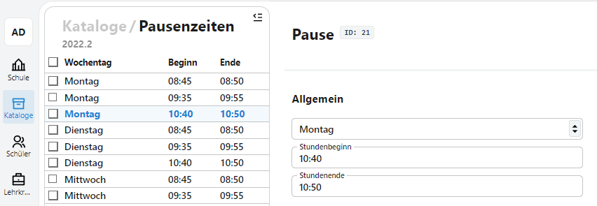 Vorlagenübersicht der Pausenzeiten