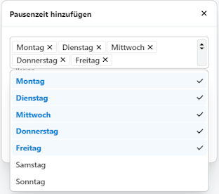 Auswahl der Wochentage, für die die Pausenzeiten gelten sollen