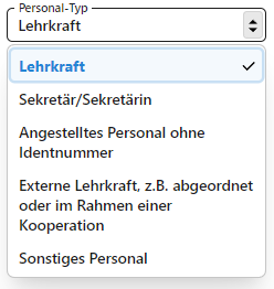 Auswahlmenü mit Personaltypen.