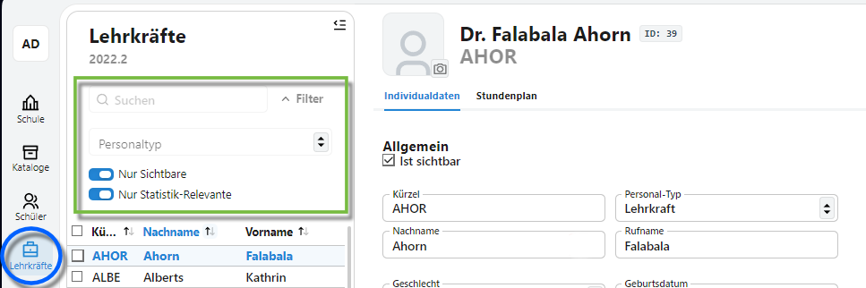 Übersichtsliste der Lehrkräfte mit den Filtern