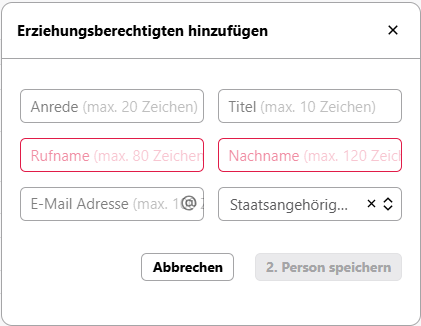 Pop-up-Fenster 2. Person eintragen