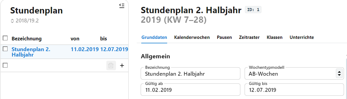 Die Stundenpläne werden verwaltet und ihre Daten lassen sich über die Tabs einstelle
