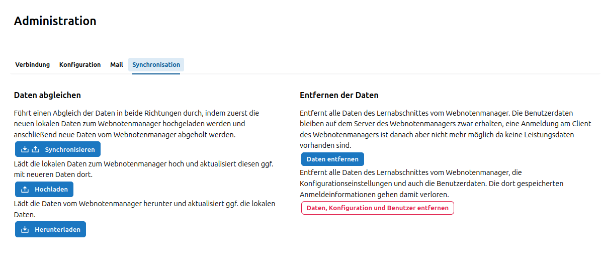 Administration zum Hoch- Runterladen und Synchronisieren und Daten löschen 