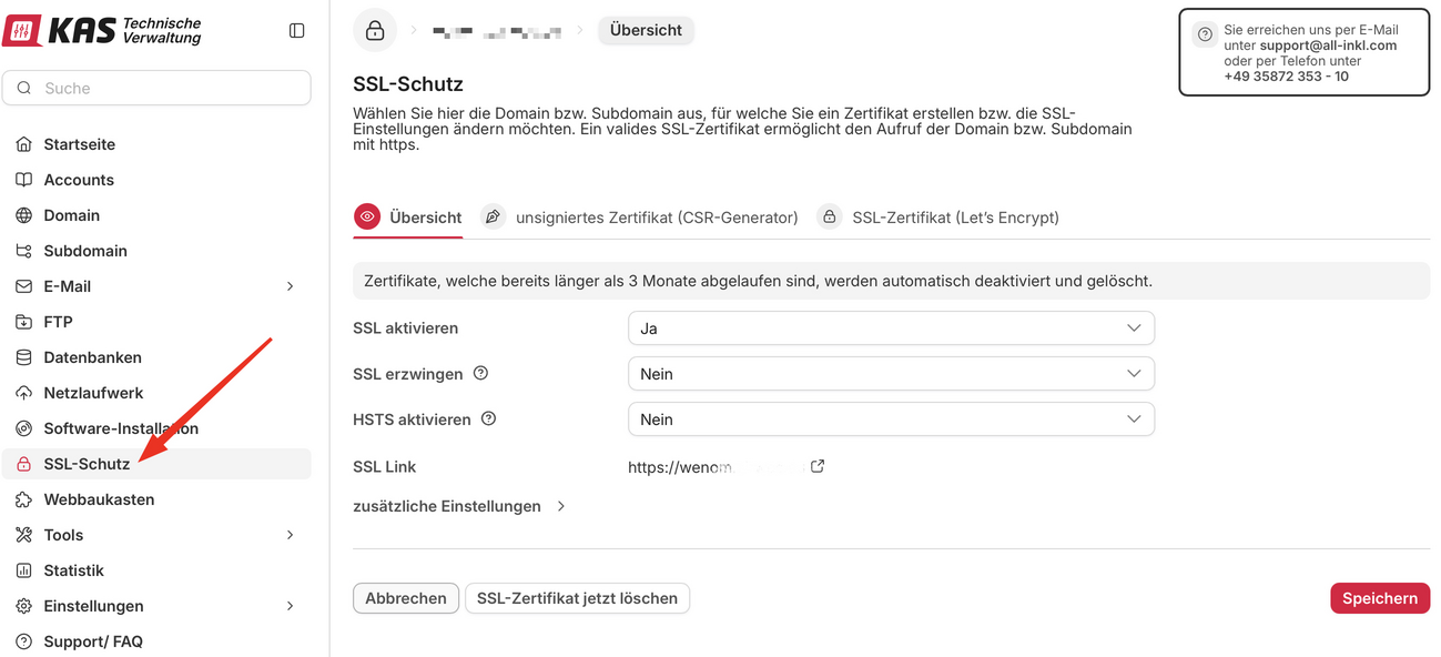 Bereich SSL Verwaltung