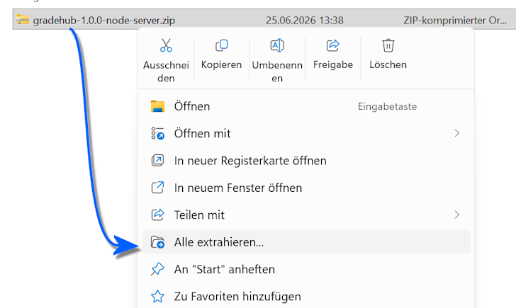 Entpacken Sie die Datei, hier wird der Windows-Dialog gezeigt. Entpacken Sie die Datei