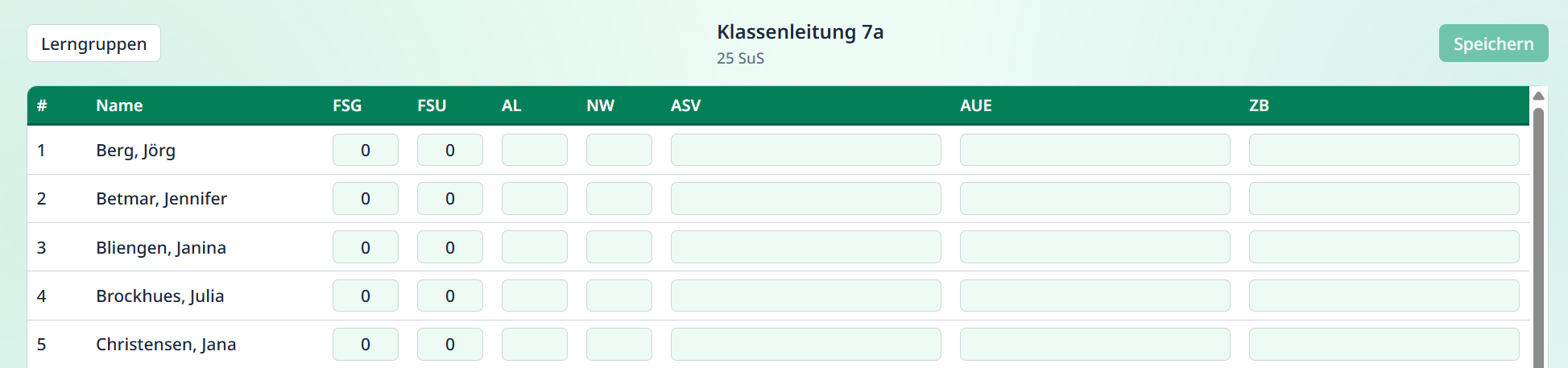 Geben Sie Daten ein, die über eine Klassenleitung erfasst werden. Klassenleitungs-Übersicht
