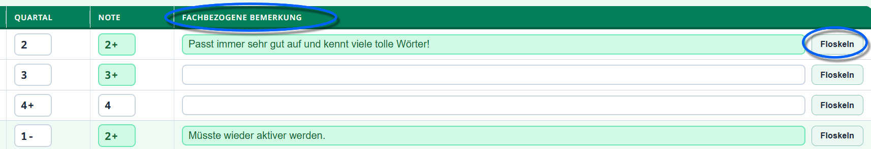 Tragen Sie fachbezogene Bemerkungen als Freitext oder über den Floskeleditor ein. Fachbezogene Bemerkungen