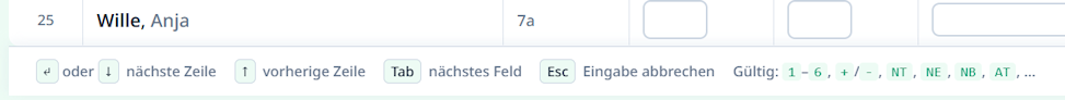 In der Fußzeile erhalten Sie wichtige Informationen. Hilfe zu SVWS-GradeHub und Eintragungen