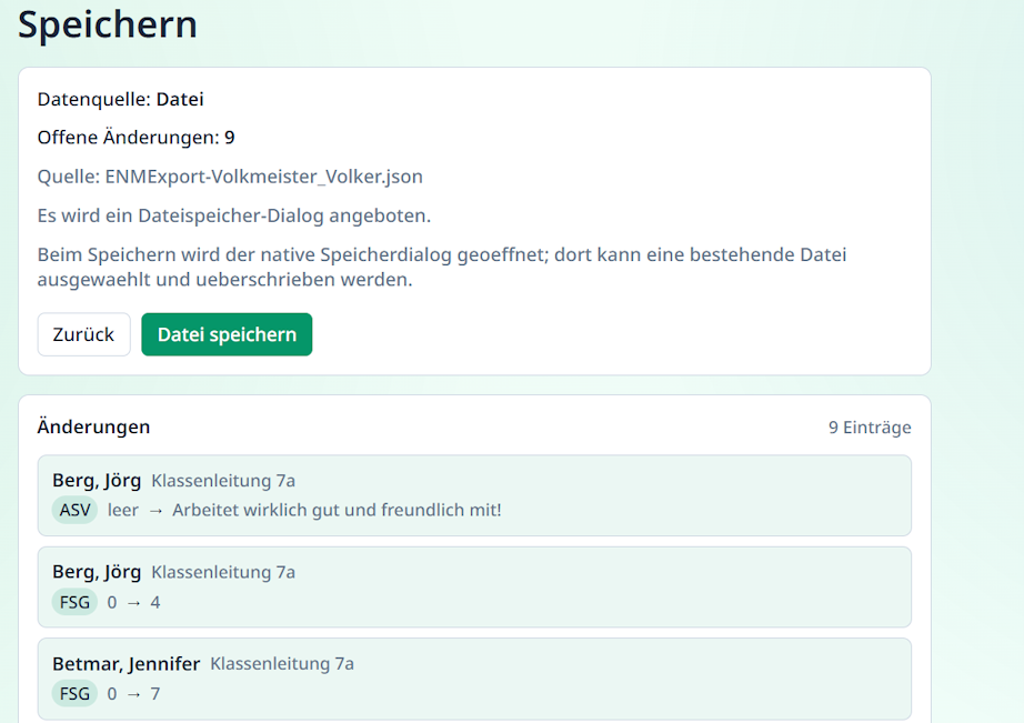 Im Speichern-Dialog erhalten Sie eine Übersicht der Änderungen. Zusammenfassung vor dem Speichern