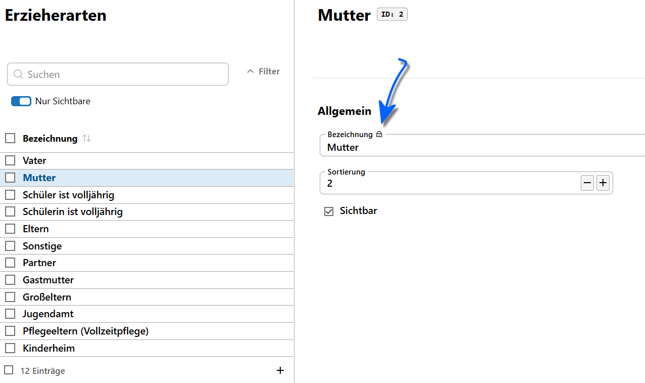 Der Detaileintrag zu den Erzieherarten