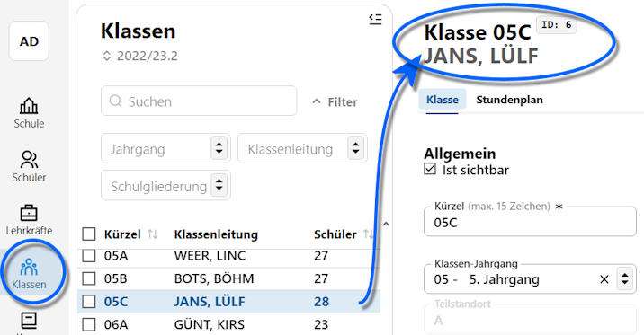 Auswahlliste der Klassen und Filteroptionen