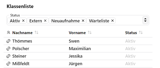 Screenshot der Klassenliste mit den Schülern