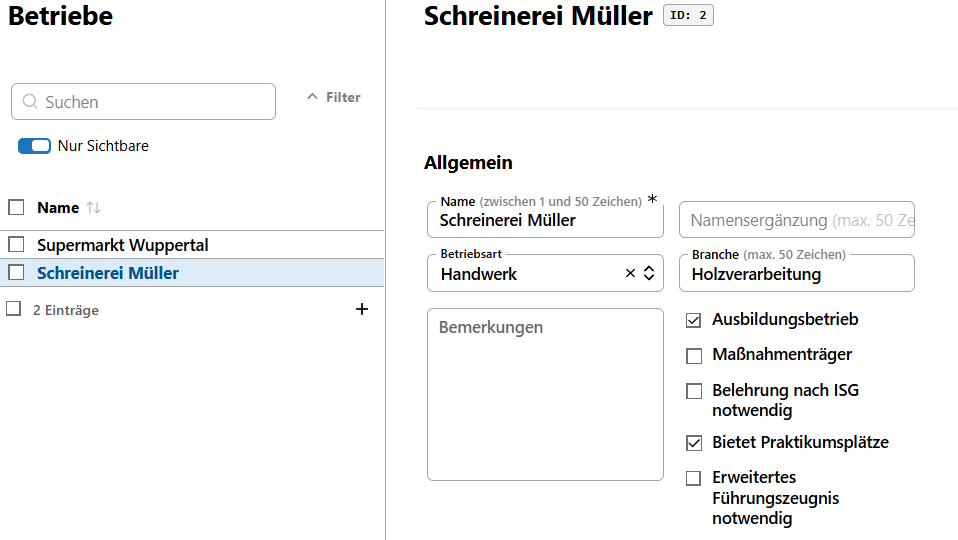 Auswahlliste der Betriebe mit den Details